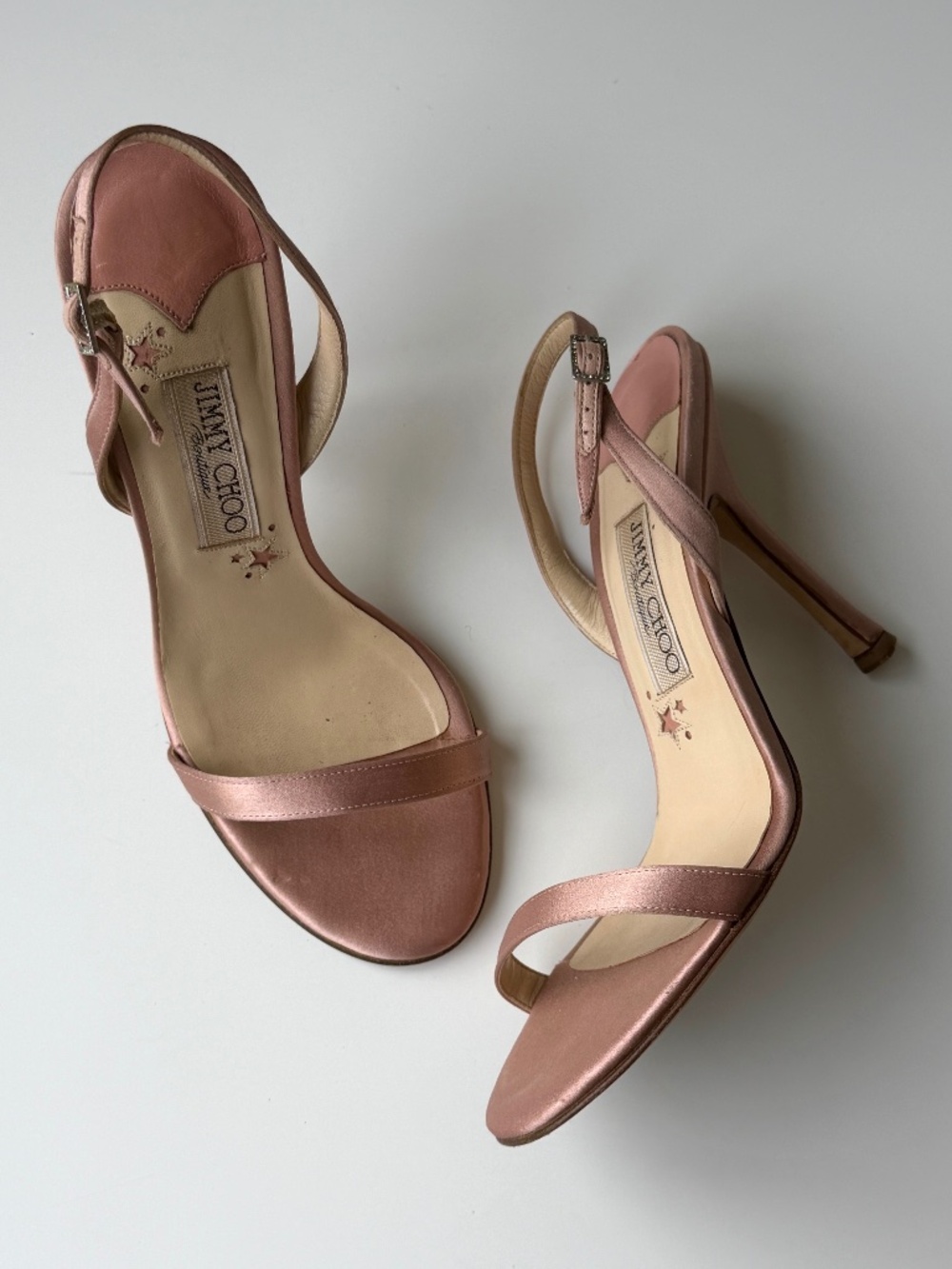 Vintage Jimmy Choo Pink Satin Crystal Buckle Sandals, IT 37.5, approx. US 7-7.5
